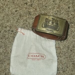Coach Tan Leather Belt with Brass-Tone Logo Buckle